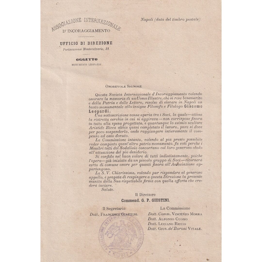 Carta de homenagem italiana à Princesa Isabel pela Lei Áurea (1888) Cartas Com certificado de autenticidade e garantia 