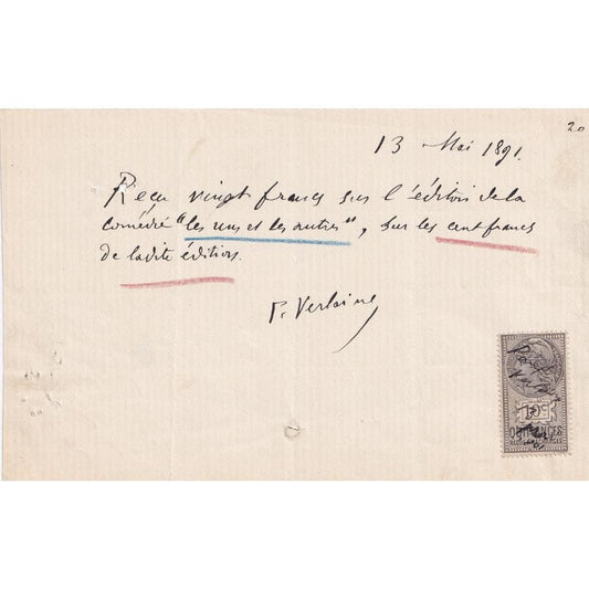 Recibo manuscrito de Paul Verlaine (1891) Autógrafos e dedicatórias Com certificado de autenticidade e garantia 