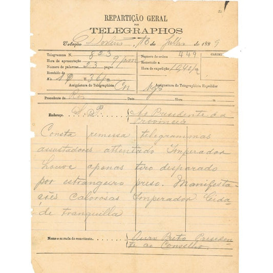Telegrama anunciando um atentado contra Dom Pedro II (1889) Autógrafos e dedicatórias Com certificado de autenticidade e garantia 