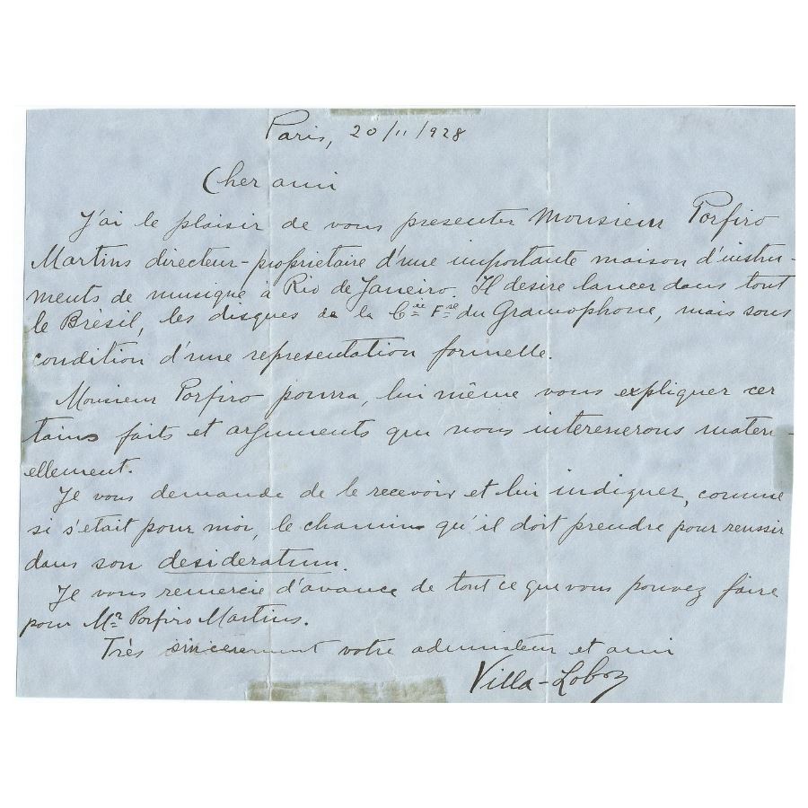 Carta manuscrita de Heitor Villa-Lobos (1928) Cartas Com certificado de autenticidade e garantia 