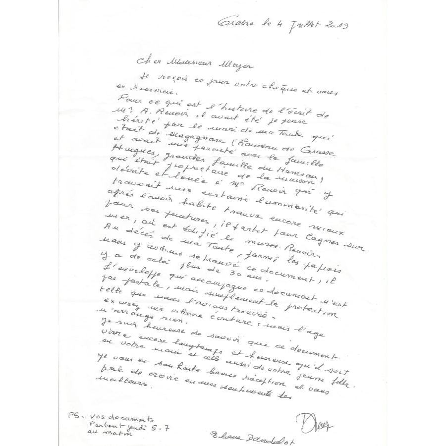 Carta manuscrita de Auguste Renoir (1900) Cartas Com certificado de autenticidade e garantia 