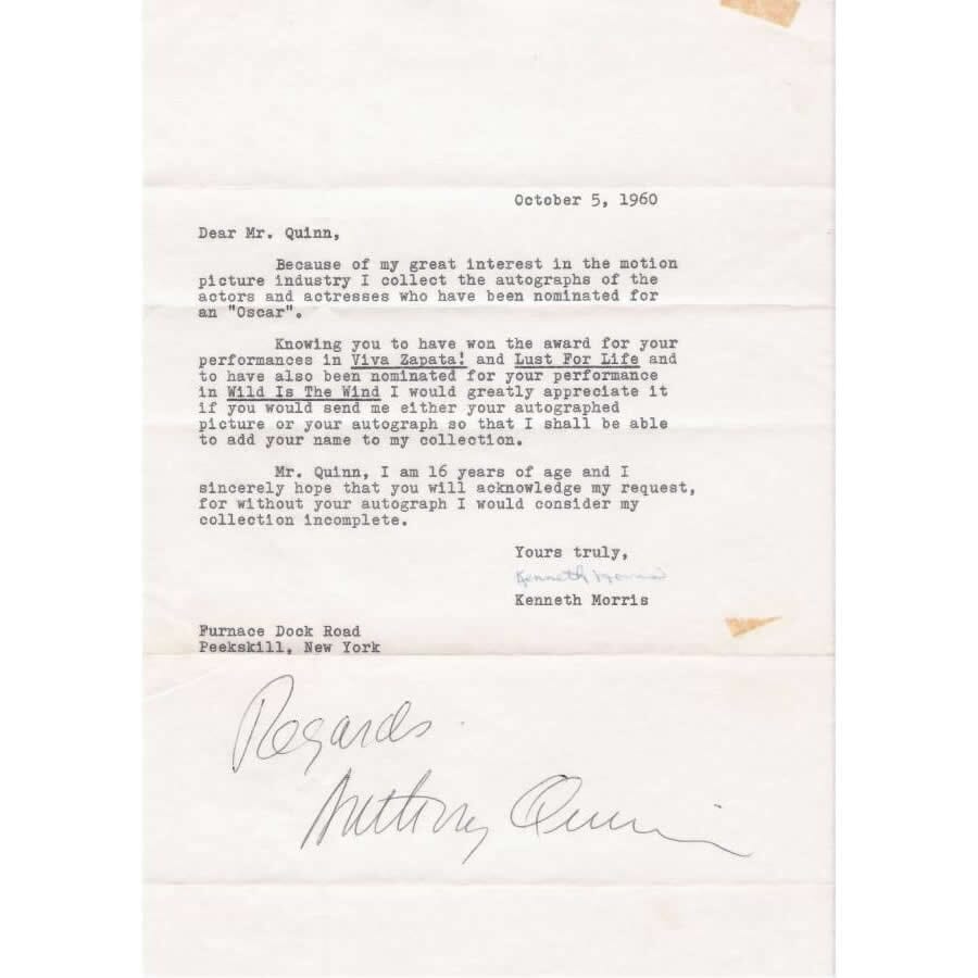 Autógrafo de Anthony Quinn (1960) Cartas Com certificado de autenticidade e garantia 
