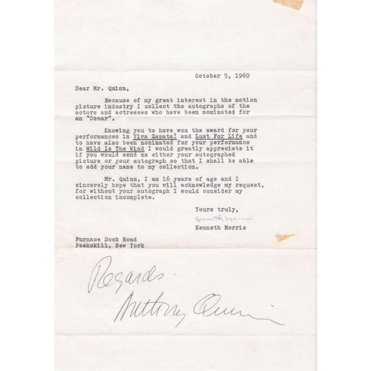 Autógrafo de Anthony Quinn (1960) Cartas Com certificado de autenticidade e garantia 