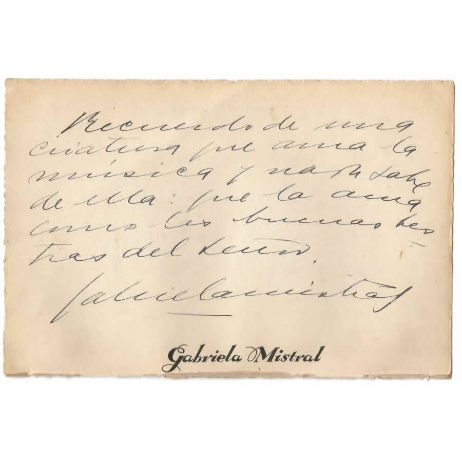 Bilhete manuscrito de Gabriela Mistral (anos 1940) Bilhetes Com certificado de autenticidade e garantia 