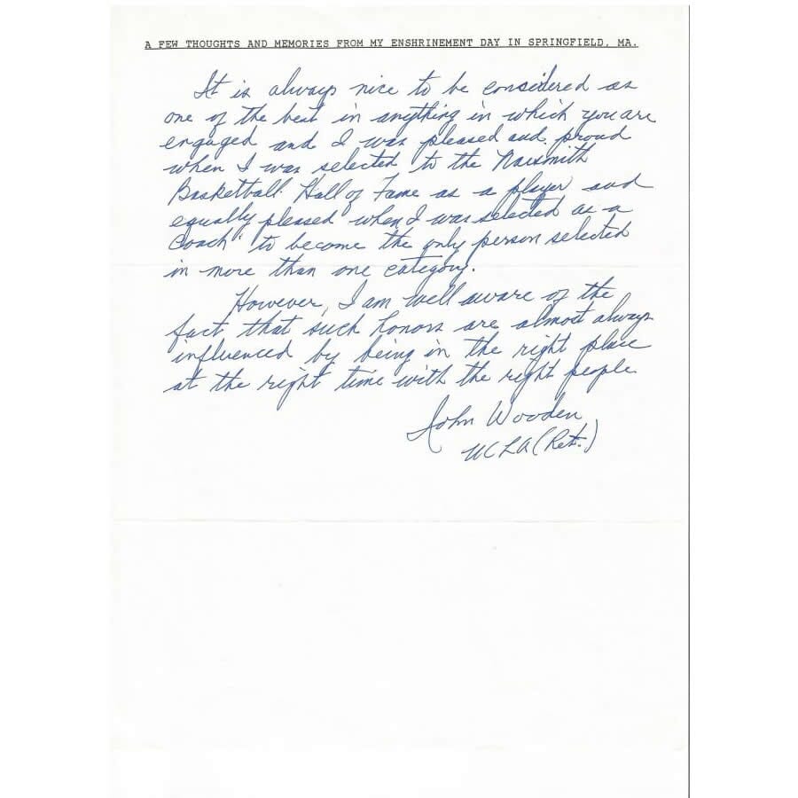Bilhete manuscrito de John Wooden Bilhetes Com certificado de autenticidade e garantia 