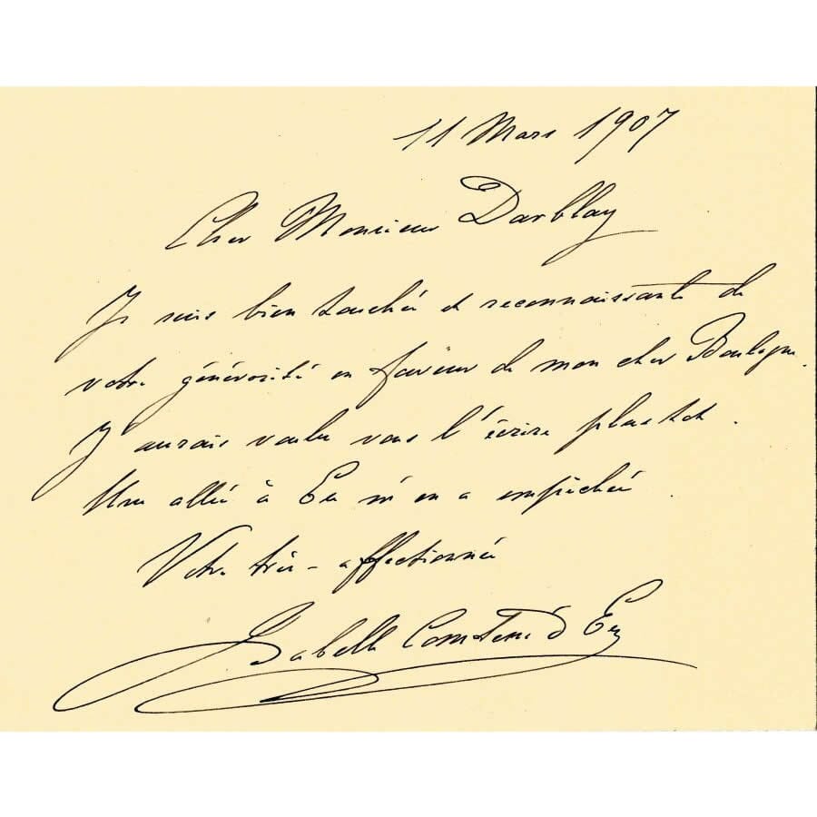 Bilhete manuscrito da Princesa Isabel (1907) Cartas Com certificado de autenticidade e garantia 