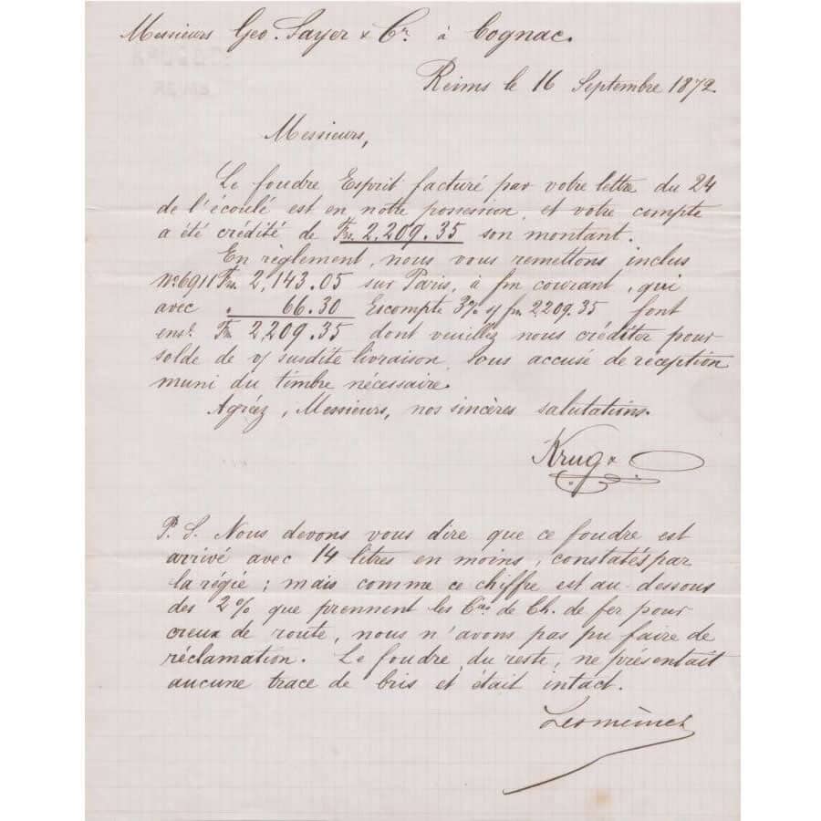 Carta antiga da casa de Champagne Krug (1872) Cartas Com certificado de autenticidade e garantia 