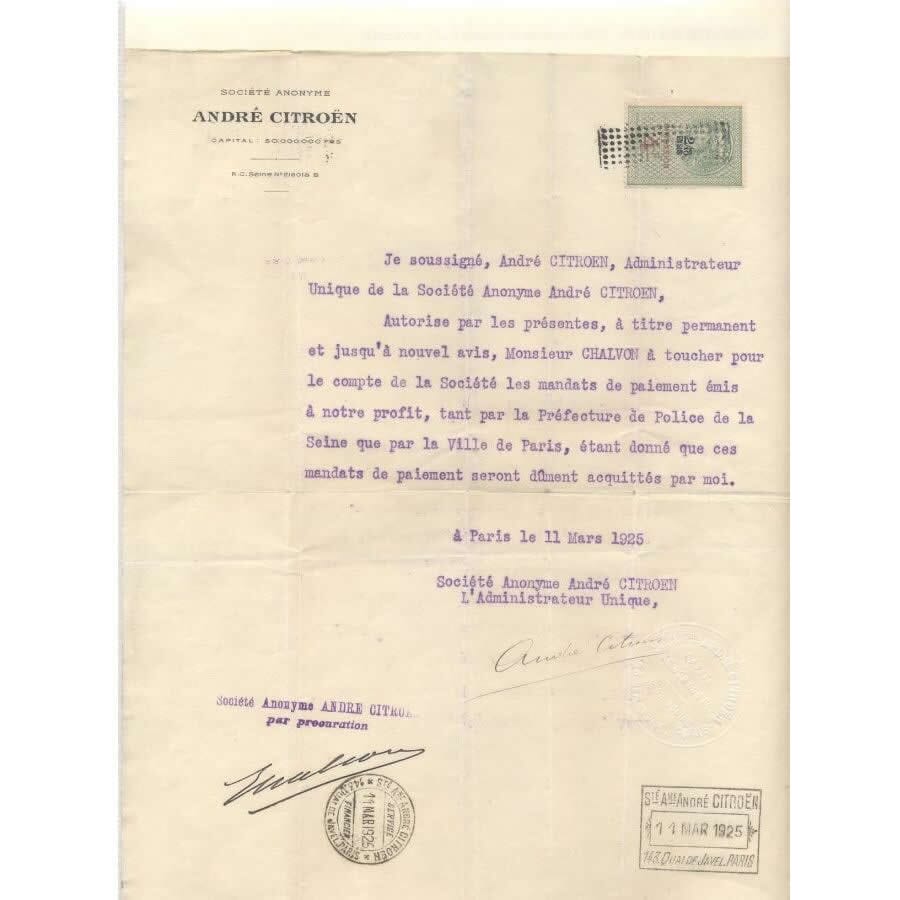 Carta assinada por André Citroën (1925) Cartas Com certificado de autenticidade e garantia 