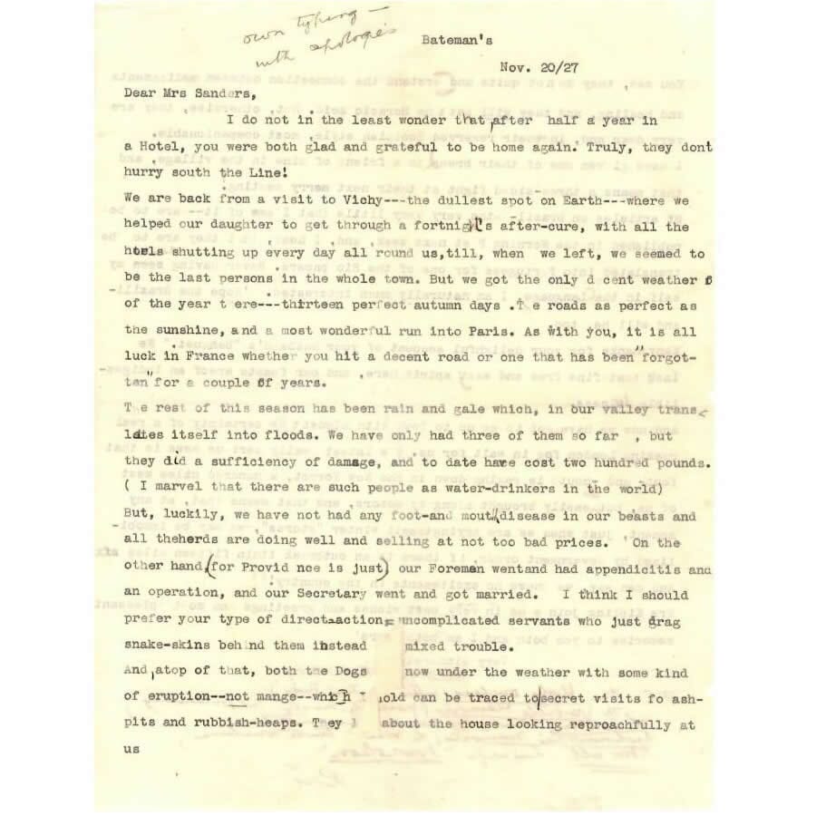 Carta datilografada com anotações de Rudyard Kipling (1927) Cartas Com certificado de autenticidade e garantia 