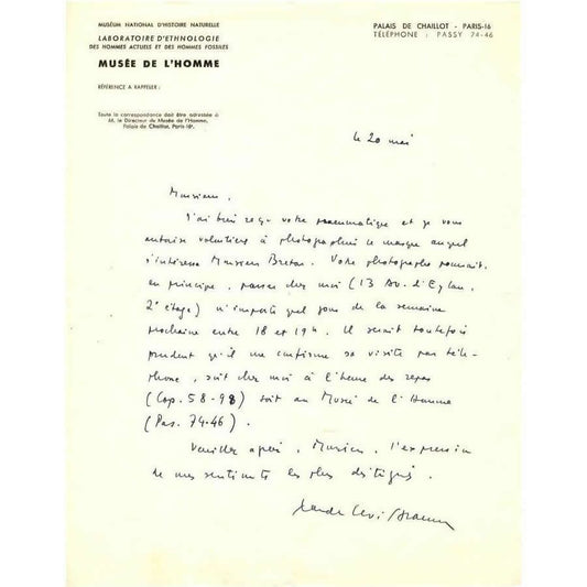 Carta manuscrita de Claude Levi-Strauss (1950) Cartas Com certificado de autenticidade e garantia 