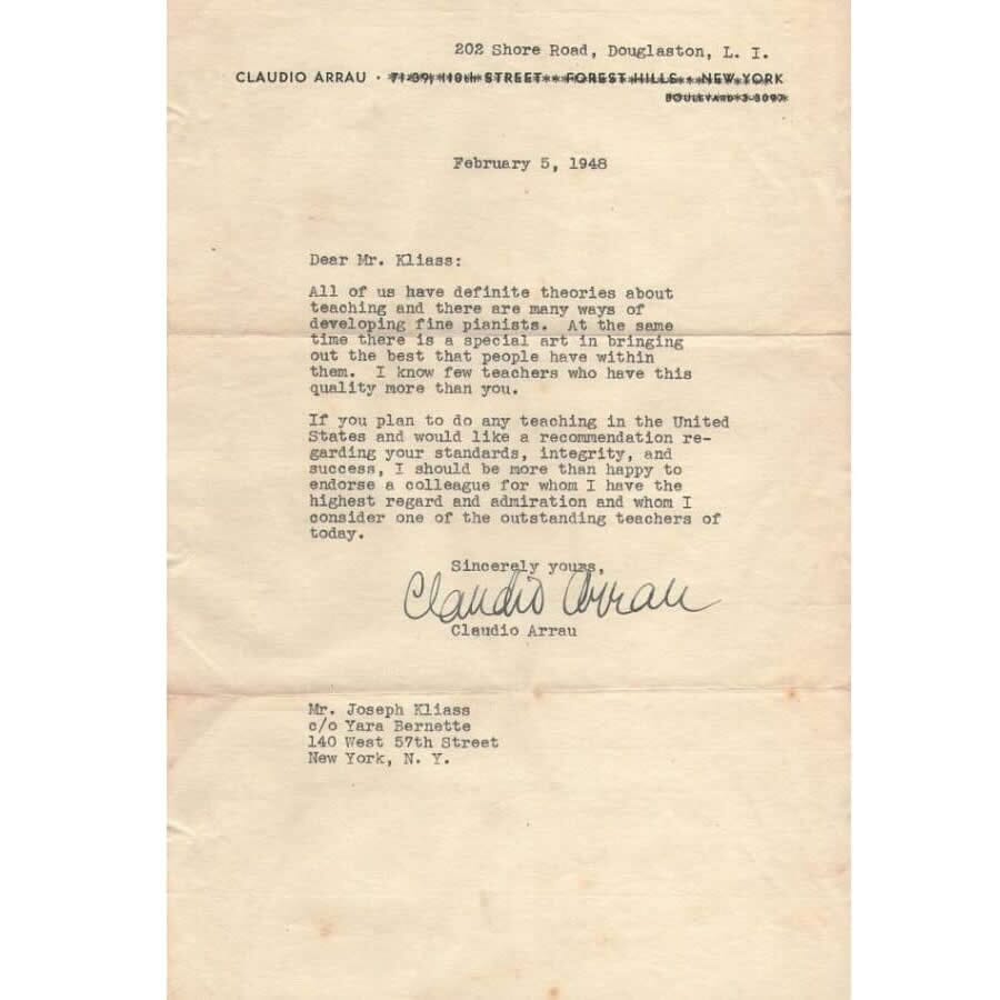 Carta assinada por Claudio Arrau (1948) Cartas Com certificado de autenticidade e garantia 