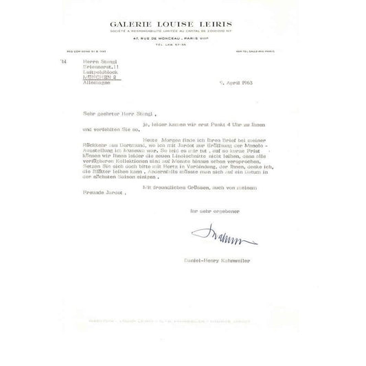 Carta assinada por Daniel-Henry Kahnweiler (1963) Cartas Com certificado de autenticidade e garantia 