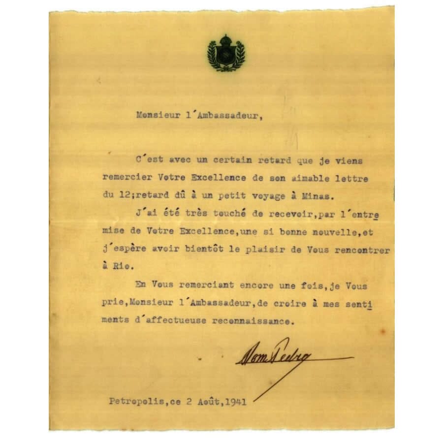 Carta assinada por Dom Pedro Gastão (1941) Cartas Com certificado de autenticidade e garantia 