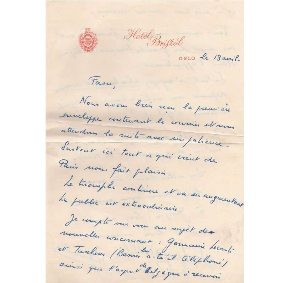 Carta assinada por Edith Piaf em Oslo Cartas Com certificado de autenticidade e garantia 