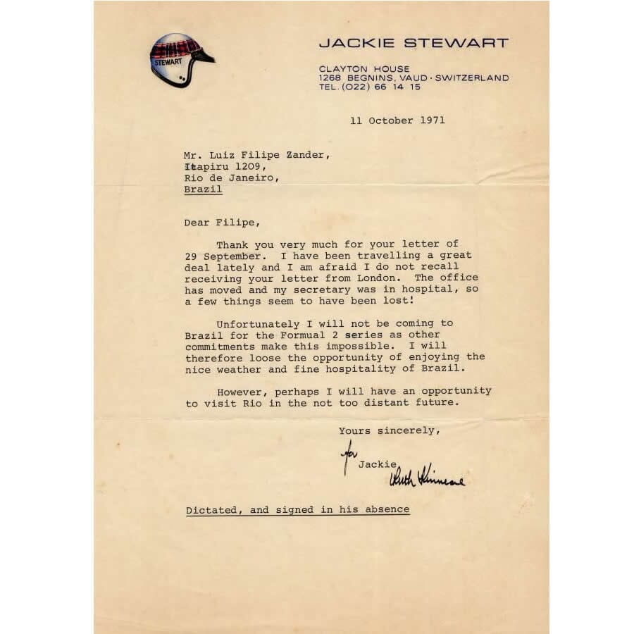 Cartas e fotografia assinadas por Jacky Stewart (anos 1970) Cartas Com certificado de autenticidade e garantia 