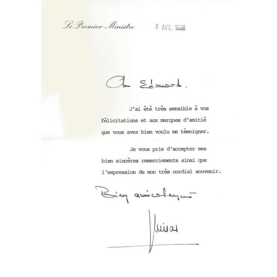 Carta assinada por Jacques Chirac (1986) Cartas Com certificado de autenticidade e garantia 