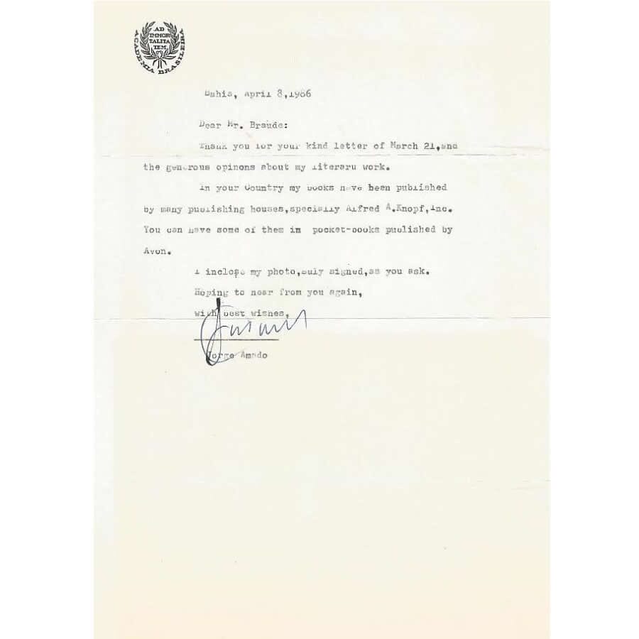 Carta assinada por Jorge Amado (1986) Cartas Com certificado de autenticidade e garantia 