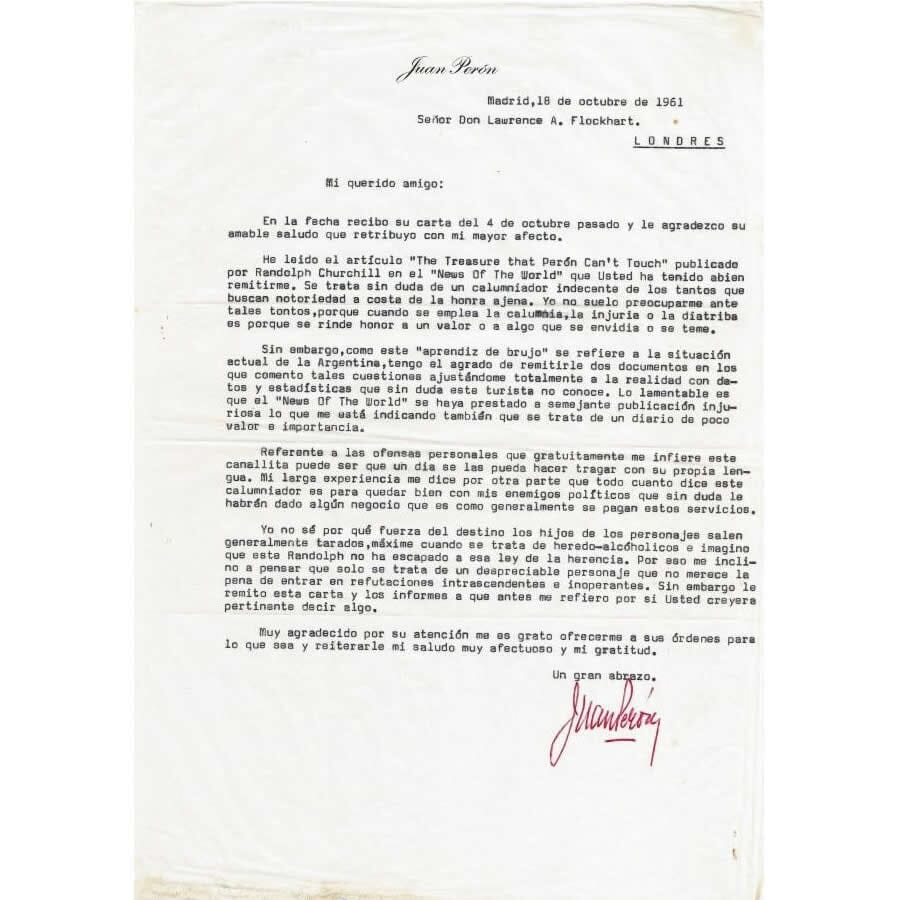 Carta assinada por Juan Perón (1961) Cartas Com certificado de autenticidade e garantia 