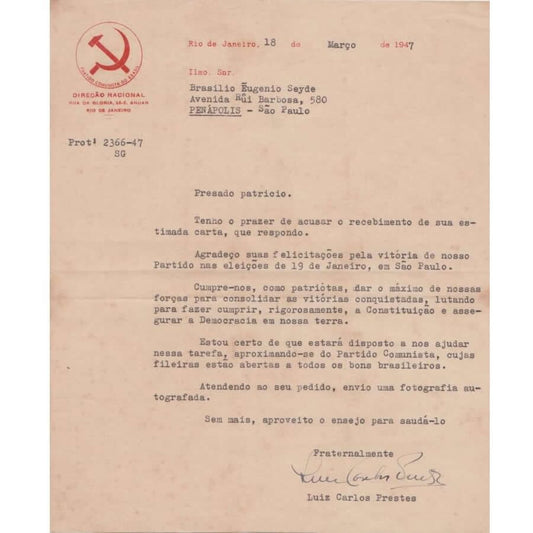 Carta assinada por Luís Carlos Prestes (1947) Cartas Com certificado de autenticidade e garantia 