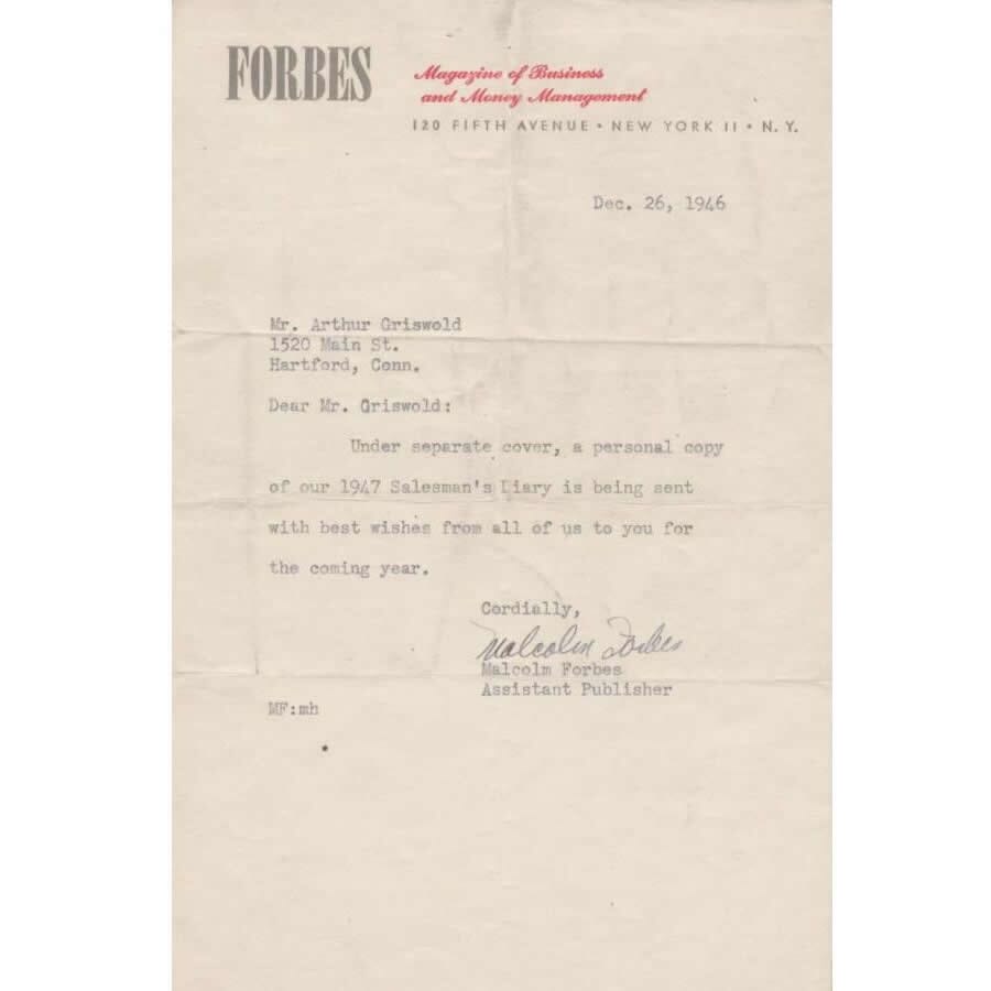 Carta assinada por Malcolm Forbes (1946) Cartas Com certificado de autenticidade e garantia 
