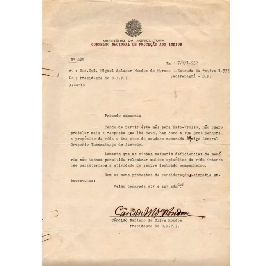 Carta assinada pelo Marechal Rondon (1952) Cartas Com certificado de autenticidade e garantia 