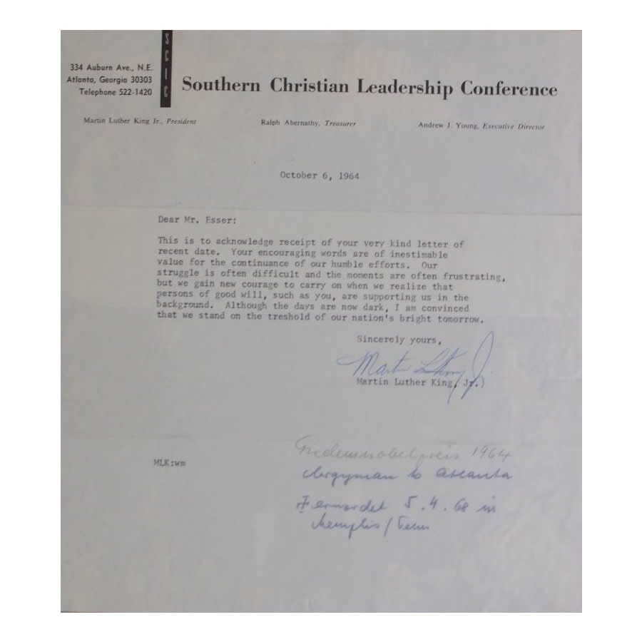 Carta assinada por Martin Luther King (1964) Cartas Com certificado de autenticidade e garantia 