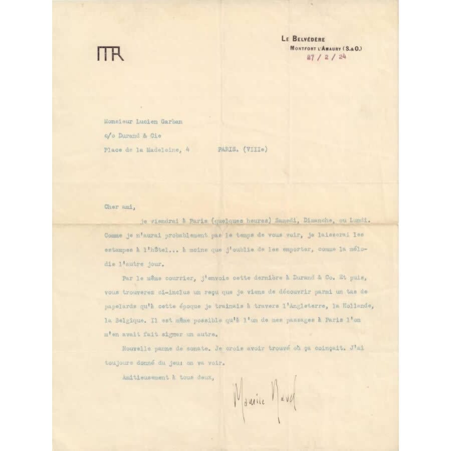 Carta assinada por Maurice Ravel (1924) Cartas Com certificado de autenticidade e garantia 