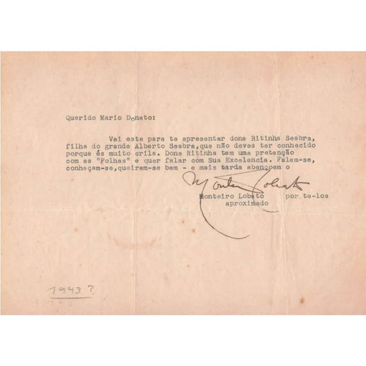 Carta assinada por Monteiro Lobato (1943) Cartas Com certificado de autenticidade e garantia 