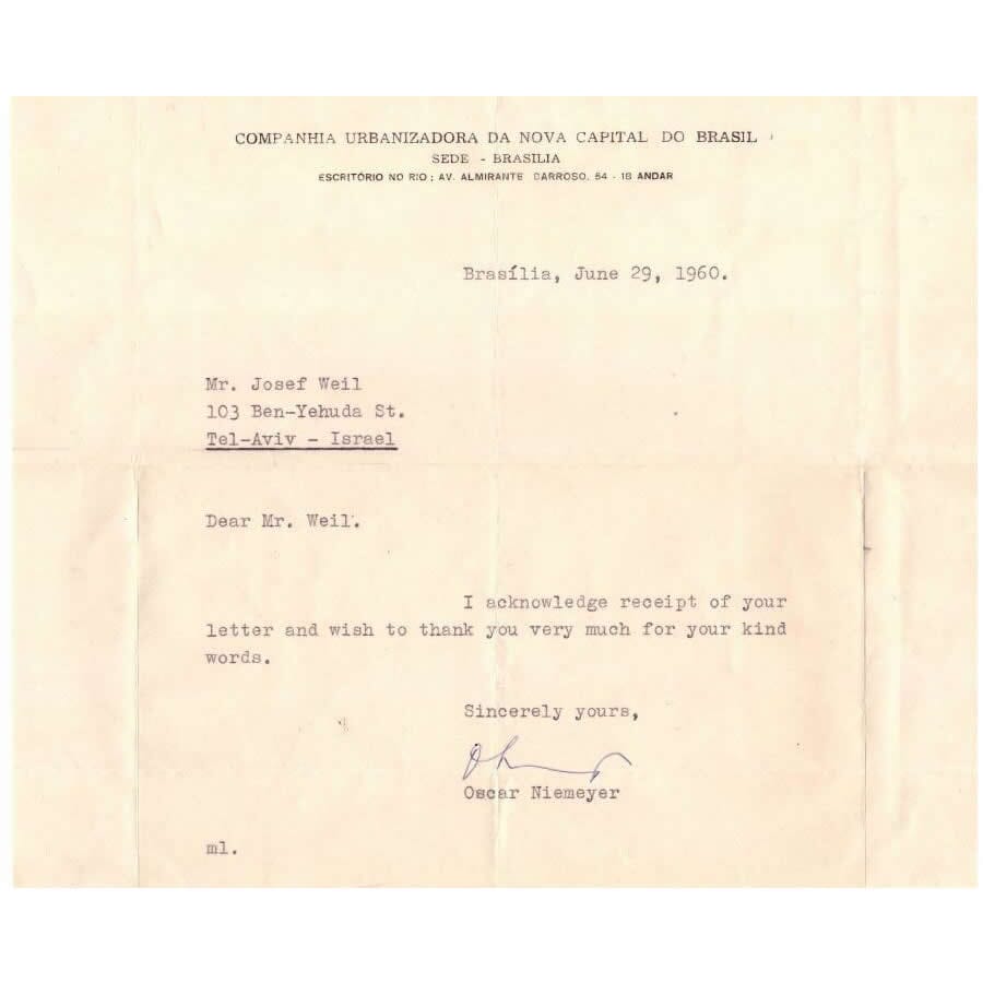 Carta assinada por Oscar Niemeyer (1960) Cartas Com certificado de autenticidade e garantia 