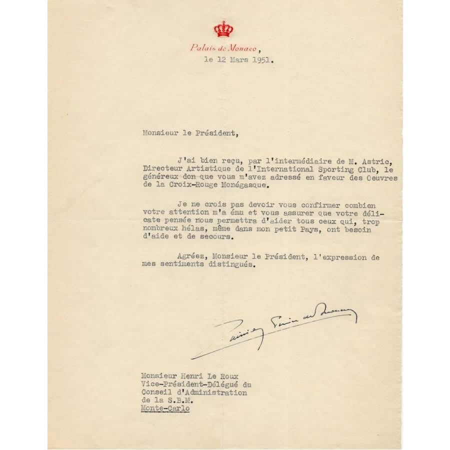 Carta assinada pelo Príncipe Rainier de Mônaco (1967) Cartas Com certificado de autenticidade e garantia 