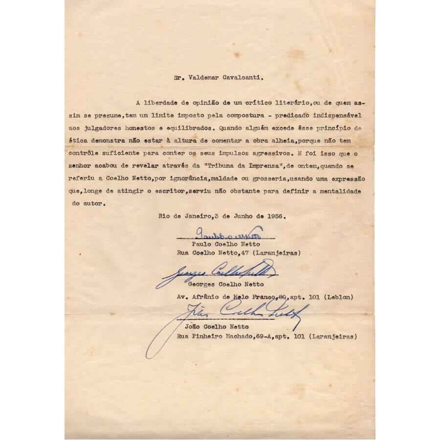 Carta de crítica dos filhos de Coelho Netto para Valdemar Cavalcanti (1956) Cartas Com certificado de autenticidade e garantia 