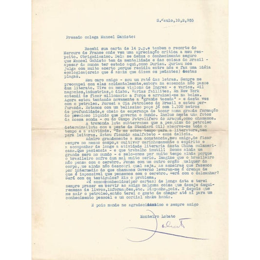 Carta datilografada assinada por Monteiro Lobato (1935) Cartas Com certificado de autenticidade e garantia 