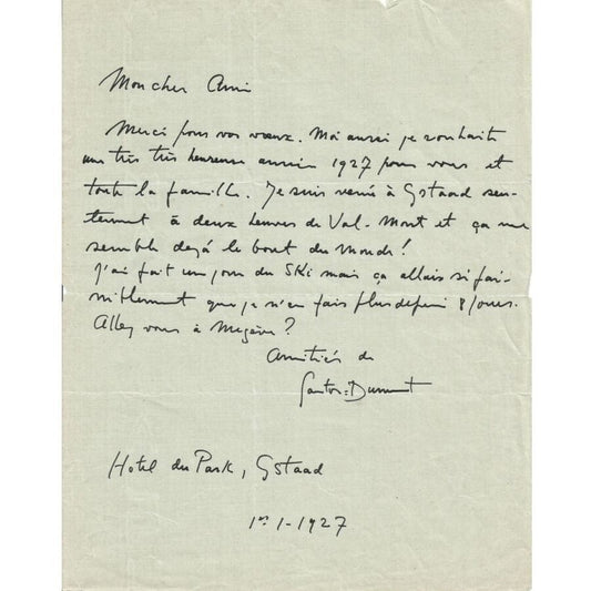Carta manuscrita de Alberto Santos Dumont para Paul Tissandier (1927) Cartas Com certificado de autenticidade e garantia 