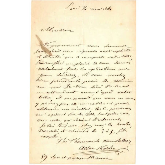 Carta manuscrita de Allan Kardec (1860) Cartas Com certificado de autenticidade e garantia 