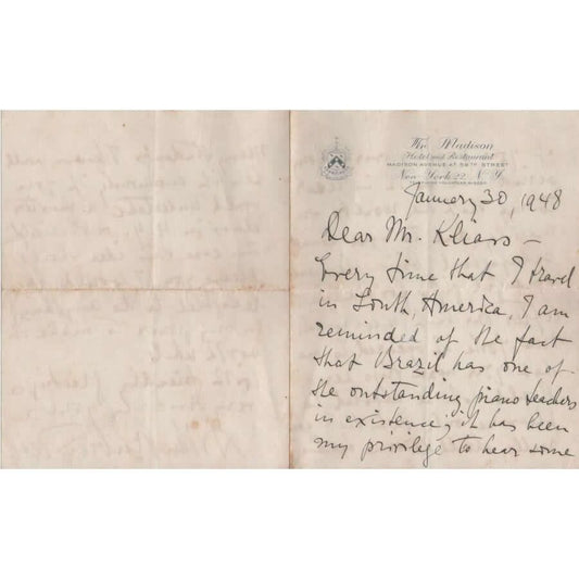 Carta manuscrita de Arthur Rubinstein (1948) Cartas Com certificado de autenticidade e garantia 