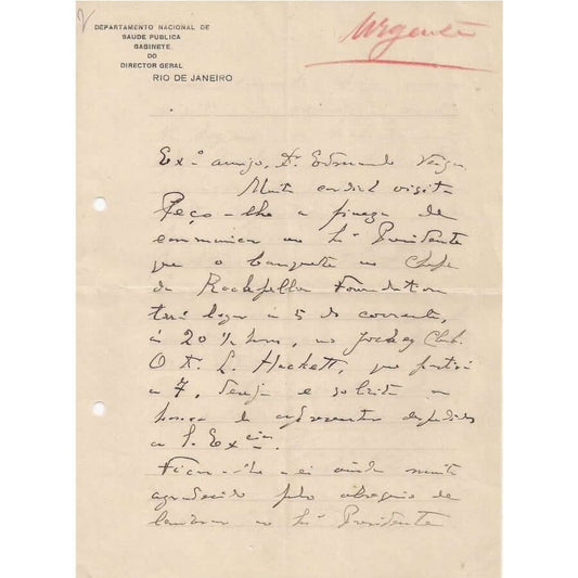 Carta manuscrita de Carlos Chagas (1923) Cartas Com certificado de autenticidade e garantia 