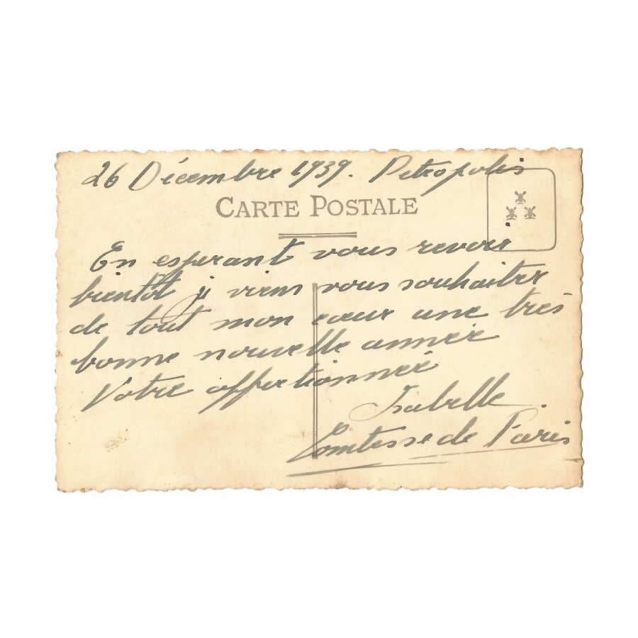 Postal manuscrito da Condessa de Paris (1939) Cartas Com certificado de autenticidade e garantia 