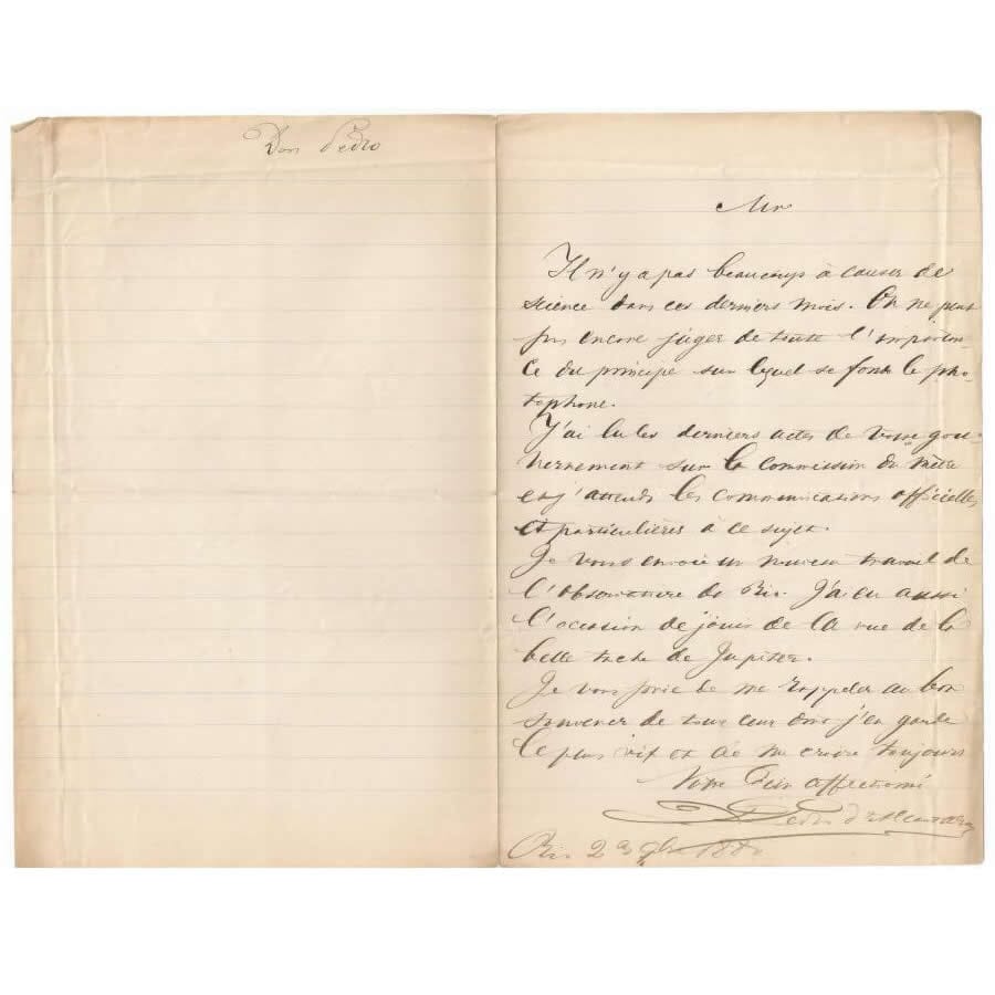 Carta manuscrita de Dom Pedro II para um cientista francês (1880) Cartas Com certificado de autenticidade e garantia 