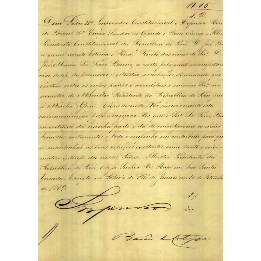 Carta manuscrita de Dom Pedro II para o Presidente do Peru (1869) Cartas Com certificado de autenticidade e garantia 