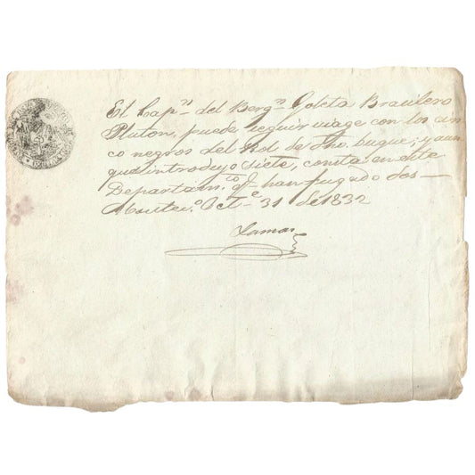 Documento escravista histórico (1832) Bilhetes Com certificado de autenticidade e garantia 