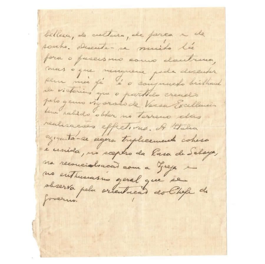 Carta manuscrita de Felix Pacheco para Benito Mussolini (anos 1920 ou 1930) Cartas Com certificado de autenticidade e garantia 