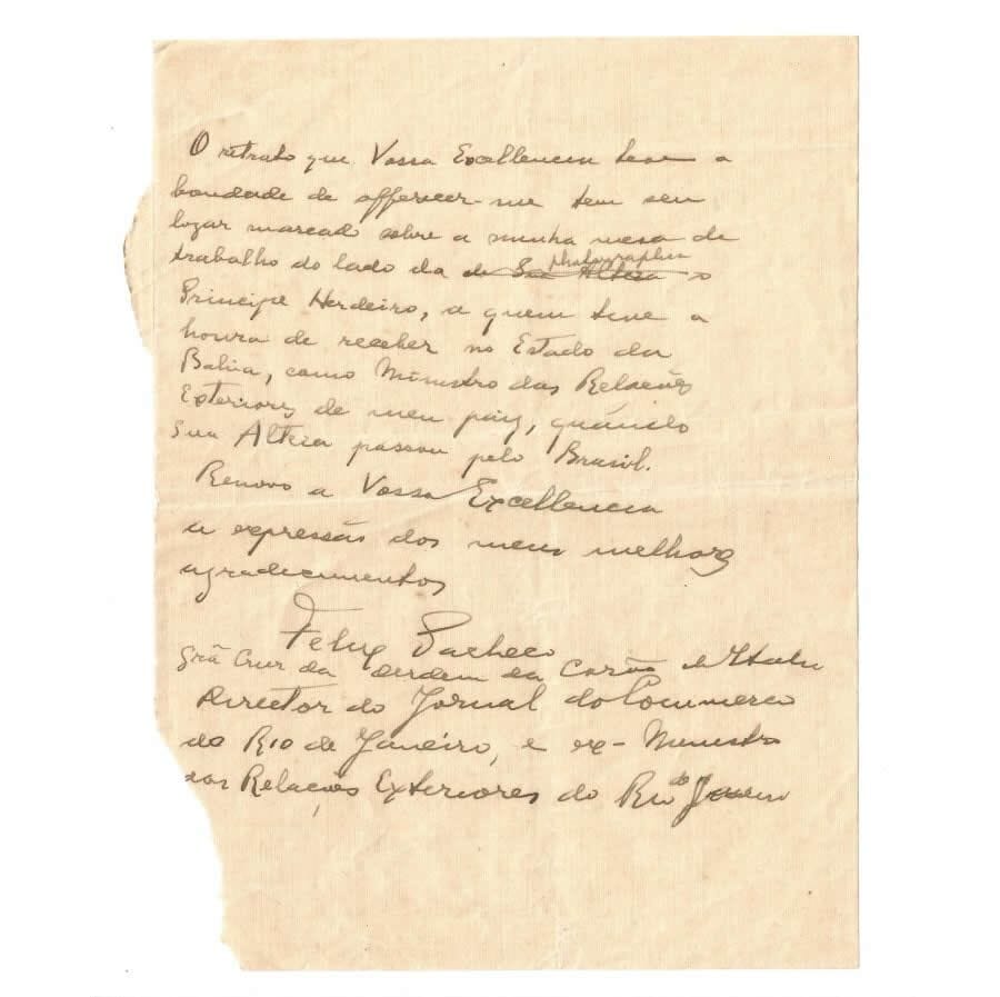 Carta manuscrita de Felix Pacheco para Benito Mussolini (anos 1920 ou 1930) Cartas Com certificado de autenticidade e garantia 