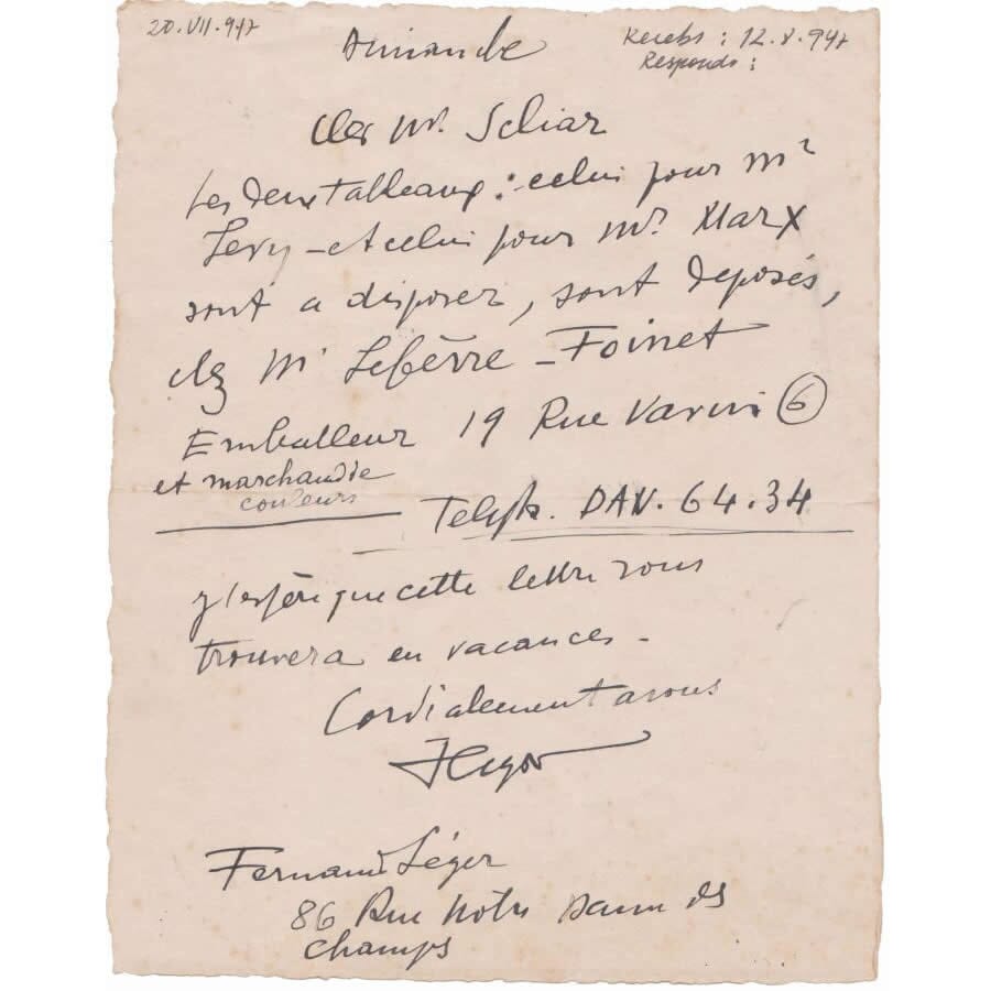 Carta manuscrita de Fernand Leger para Carlos Scliar (1947) Cartas Com certificado de autenticidade e garantia 