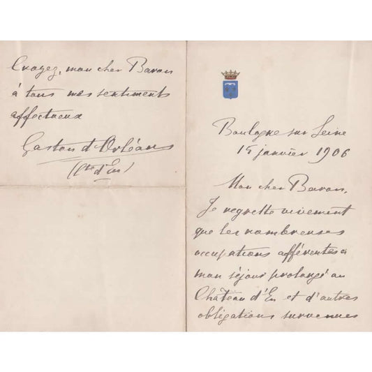 Duas cartas manuscritas de Gastão d´Orléans, Conde d´Eu (1906) Cartas Com certificado de autenticidade e garantia 