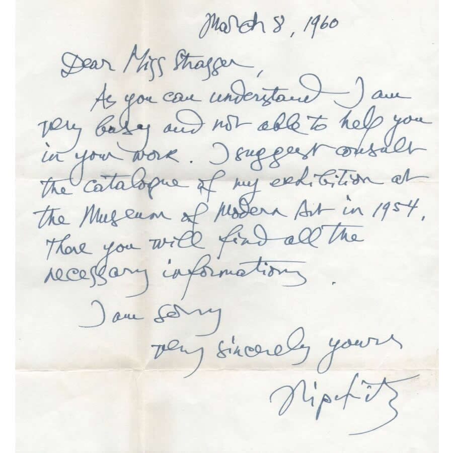 Carta manuscrita de Jacques Lipchitz (1960) Cartas Com certificado de autenticidade e garantia 
