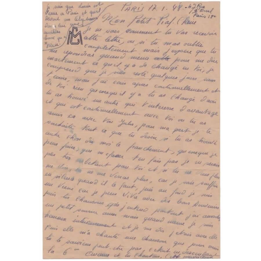 Carta manuscrita de Marcel Cerdan para Edith Piaf (1948) Cartas Com certificado de autenticidade e garantia 