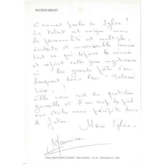 Carta manuscrita de Maurice Béjart Cartas Com certificado de autenticidade e garantia 