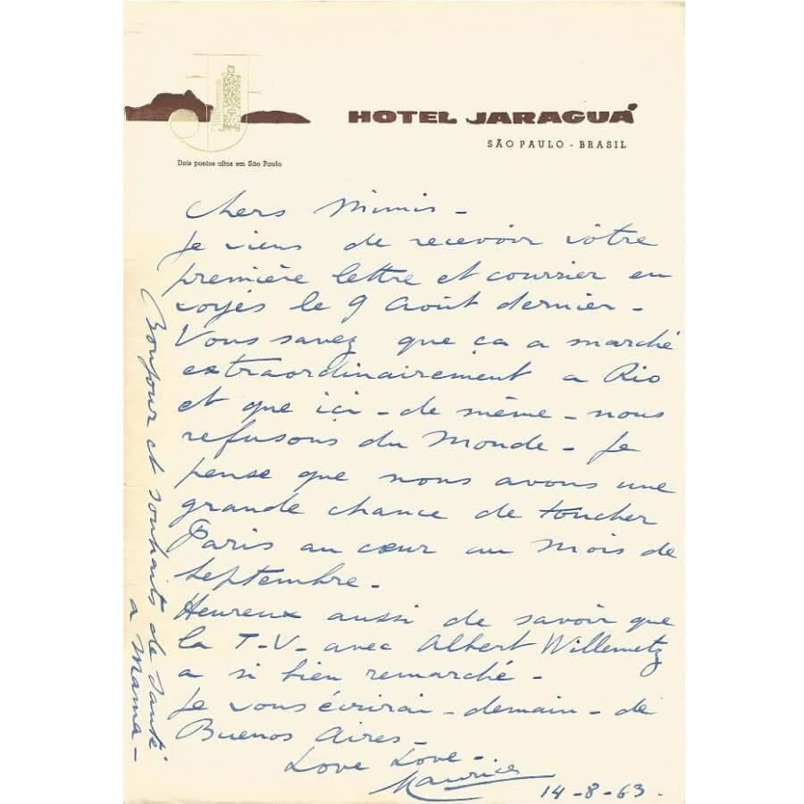 Carta manuscrita de Maurice Chevalier (1963) Cartas Com certificado de autenticidade e garantia 