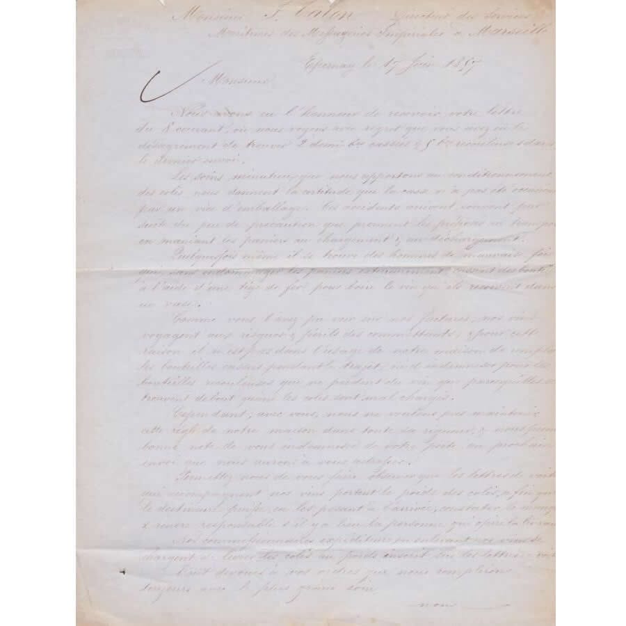 Carta manuscrita da Moët e Chandon (1857) Cartas Com certificado de autenticidade e garantia 