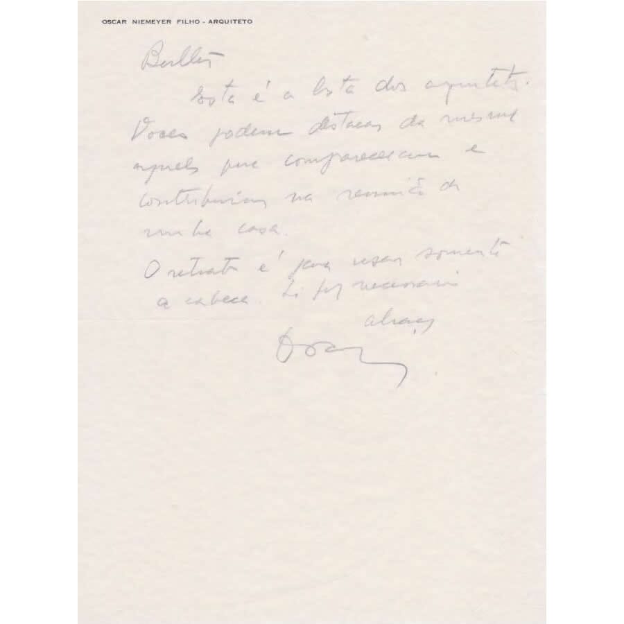 Carta manuscrita de Oscar Niemeyer para Athos Bulcão (1957) Cartas Com certificado de autenticidade e garantia 